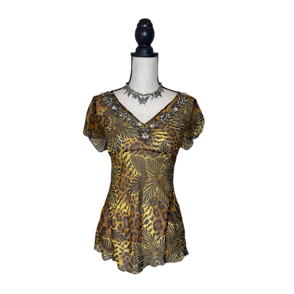 Y2K WD NY Silk Beaded Cheetah Print Sheer Floral Top Size 8